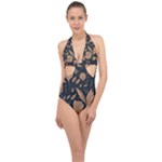 Background Pattern Leaves Texture Halter Front Plunge Swimsuit