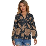Background Pattern Leaves Texture Women s Long Sleeve Button Up Shirt