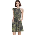 Green Camouflage Military Army Pattern Cocktail Party Halter Sleeveless Dress With Pockets