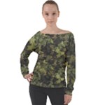 Green Camouflage Military Army Pattern Off Shoulder Long Sleeve Velour Top