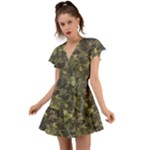 Green Camouflage Military Army Pattern Flutter Sleeve Wrap Dress