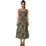 Green Camouflage Military Army Pattern Square Neckline Tiered Midi Dress
