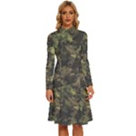 Green Camouflage Military Army Pattern Long Sleeve Shirt Collar A-Line Dress