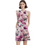 Flora Floral Flower Petal Cocktail Party Halter Sleeveless Dress With Pockets