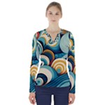 Wave Waves Ocean Sea Abstract Whimsical V-Neck Long Sleeve Top