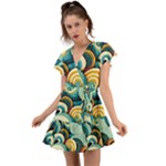 Wave Waves Ocean Sea Abstract Whimsical Flutter Sleeve Wrap Dress