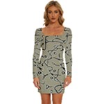 Sketchy abstract artistic print design Long Sleeve Square Neck Bodycon Velvet Dress