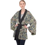 Sticker Collage Motif Pattern Black Backgrond Long Sleeve Velvet Kimono 