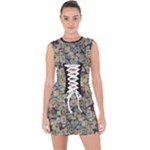 Sticker Collage Motif Pattern Black Backgrond Lace Up Front Bodycon Dress