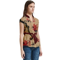 Women s Cap Sleeve Mandarin Collar Waist Tie Blouse 
