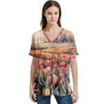 Tulips Field Tree V-Neck Split Shoulder Casual T-Shirt