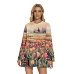 Tulips Field Tree Round Neck Long Sleeve Bohemian Style Chiffon Mini Dress