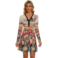 Long Sleeve Deep V Mini Dress  
