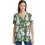 Easter bunny pattern V-Neck Split Shoulder Casual T-Shirt
