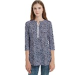 Blue Black Snake Pattern Women s Zip Front V-Neck 3/4 Sleeve Casual Top Pocket Shirt