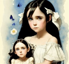 victorian girl with long black hair and doll