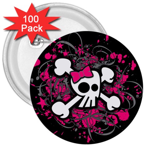 Girly Skull & Crossbones 3  Button (100 pack) from UrbanLoad.com Front