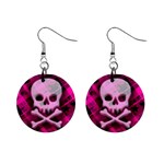 Pink Plaid Skull 1  Button Earrings