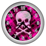 Pink Plaid Skull Wall Clock (Silver)