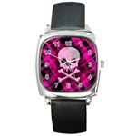 Pink Plaid Skull Square Metal Watch