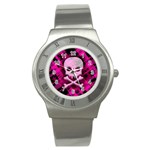 Pink Plaid Skull Stainless Steel Watch