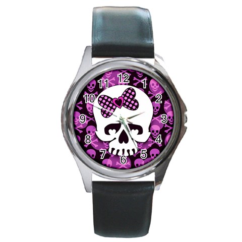 Pink Polka Dot Bow Skull Round Metal Watch from UrbanLoad.com Front