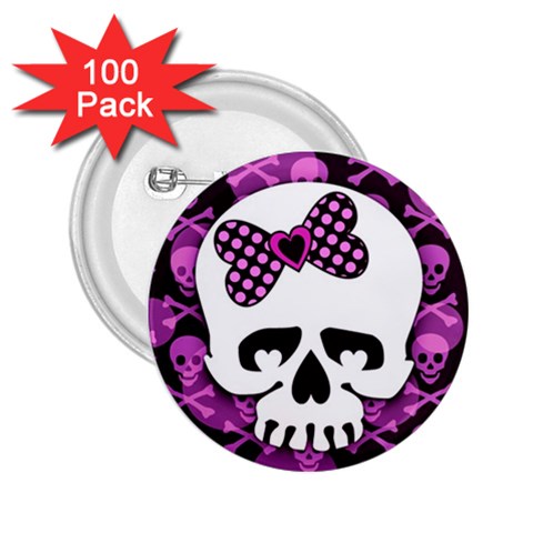 Pink Polka Dot Bow Skull 2.25  Button (100 pack) from UrbanLoad.com Front
