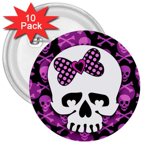 Pink Polka Dot Bow Skull 3  Button (10 pack) from UrbanLoad.com Front