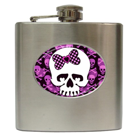 Pink Polka Dot Bow Skull Hip Flask (6 oz) from UrbanLoad.com Front