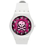 Pink Skull Star Splatter Round Plastic Sport Watch Medium