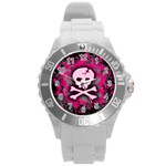 Pink Skull Star Splatter Round Plastic Sport Watch Large