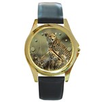 I Love Cheetahs - (Painted Effect) Quality Round Unisex Leather Strap Watch (Gold-Tone)