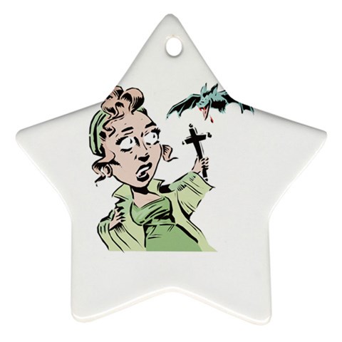 Scared Woman Holding Cross Ornament (Star) from UrbanLoad.com Front