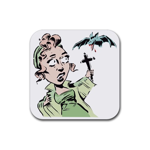 Scared Woman Holding Cross Rubber Coaster (Square) from UrbanLoad.com Front
