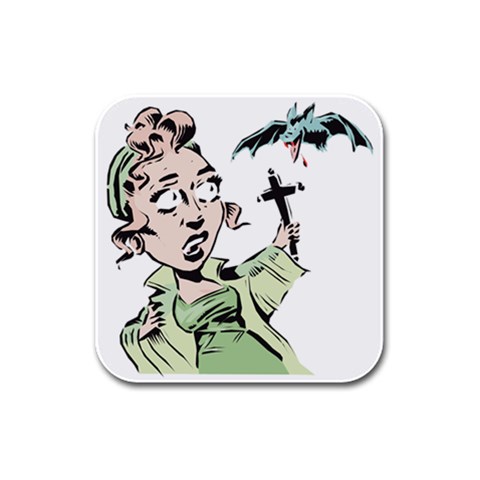 Scared Woman Holding Cross Rubber Square Coaster (4 pack) from UrbanLoad.com Front