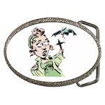 Scared Woman Holding Cross Belt Buckle