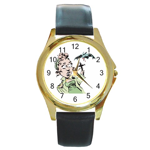 Scared Woman Holding Cross Round Gold Metal Watch from UrbanLoad.com Front