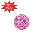White On Hot Pink Damask 1  Mini Button Magnet (100 pack)