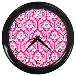 White On Hot Pink Damask Wall Clock (Black)