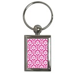 White On Hot Pink Damask Key Chain (Rectangle)
