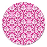 White On Hot Pink Damask Magnet 5  (Round)