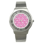 White On Hot Pink Damask Stainless Steel Watch (Slim)