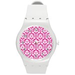 White On Hot Pink Damask Plastic Sport Watch (Medium)