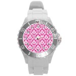White On Hot Pink Damask Plastic Sport Watch (Large)