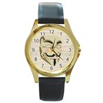 We The Anonymous People Round Leather Watch (Gold Rim) 