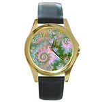 Rose Forest Green, Abstract Swirl Dance Round Leather Watch (Gold Rim) 