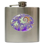Sea Shell Spiral, Abstract Violet Cyan Stars Hip Flask