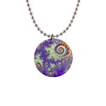 Sea Shell Spiral, Abstract Violet Cyan Stars Button Necklace