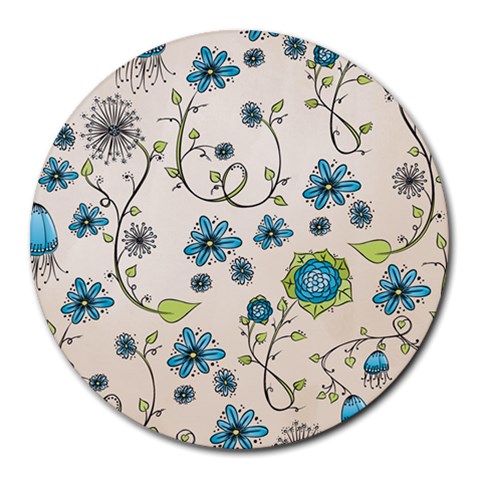 Whimsical Flowers Blue 8  Mouse Pad (Round) from UrbanLoad.com Front