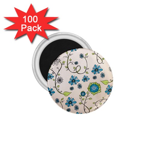 Whimsical Flowers Blue 1.75  Button Magnet (100 pack) from UrbanLoad.com Front